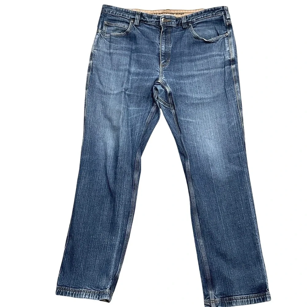 Duluth Trading Jeans 38W 31.5L Blue Fade Flex Ballroom Relaxed Fit Denim